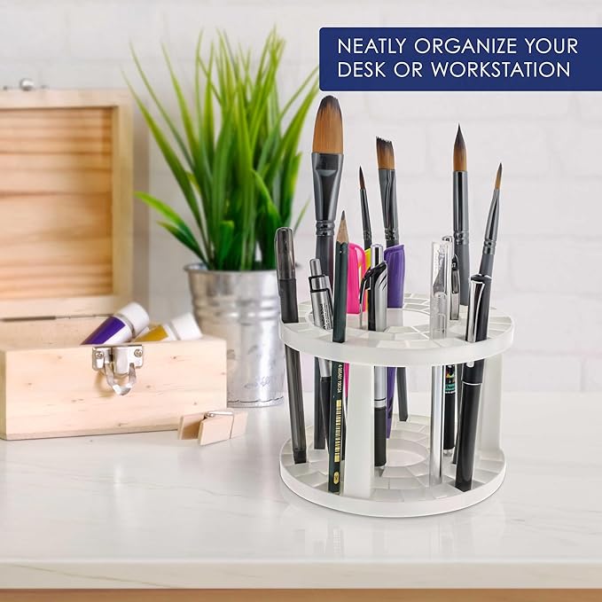U.S. Art Supply Plastic Artist Round 50 Hole Paint Brush Holder and Organizer - Rack Holds Paintbrushes, Makeup Cosmetic Brushes, Pencils, Pens, Markers, Art Tools, Desk Stand - Students, Teachers
