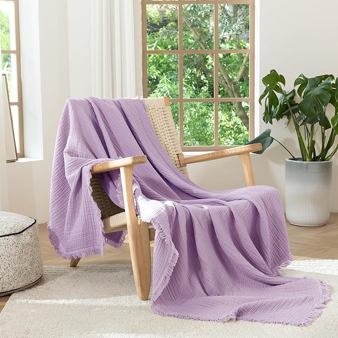 MooMee Muslin Blanket - 100% Cotton 4-Layer Gauze Throw Blanket with Tassels Ultra-Soft Breathable Lightweight Cooling for Bed Couch (Light Purple, Queen 90" x 90")