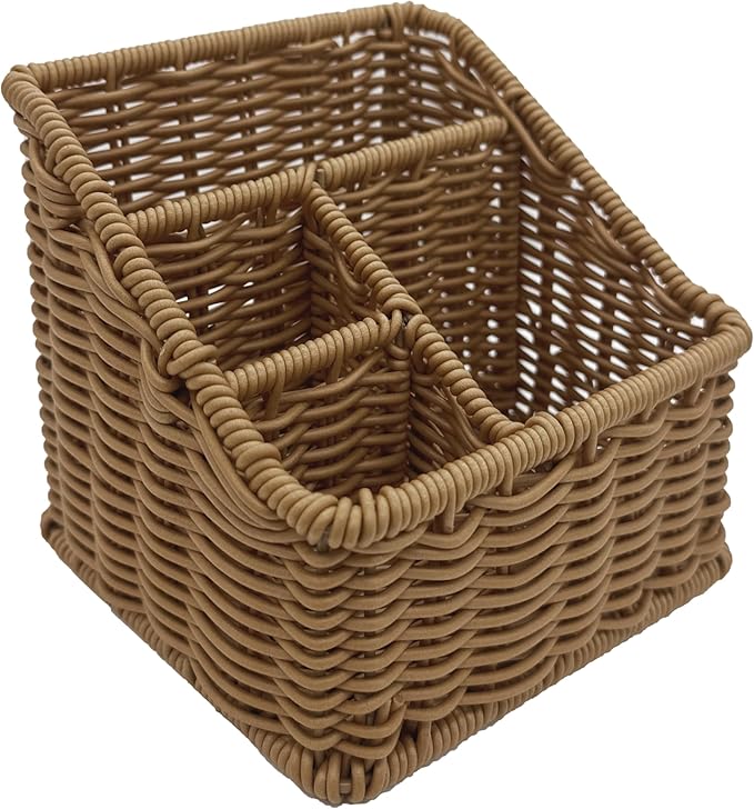 Rattan Remote Control Holder, Wicker Desk Organizer Basket for TV Remotes, Office Supplies, Makeup Brushes, Handwoven Storage Caddy for Tabletop, Shelf, or Kitchen Use (Natural Brown)