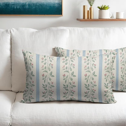 Vintage Floral Pillow Covers 12x20 Set of 2 Striped Boho Decor Blue Green Pillowcases Summer Printed Grand Millenial Throw Pillow Covers Soft Cozy with Zipper for Sofa Bed Chair Home Decoration