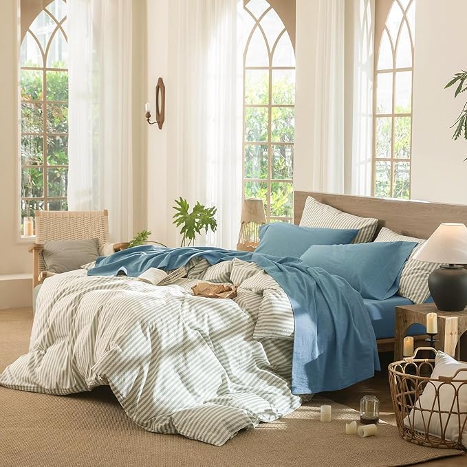 MooMee Bedding Sheet Set 100% Washed Cotton Linen Like Textured Breathable Durable Soft Comfy (Heathered Peacock Blue, Queen)