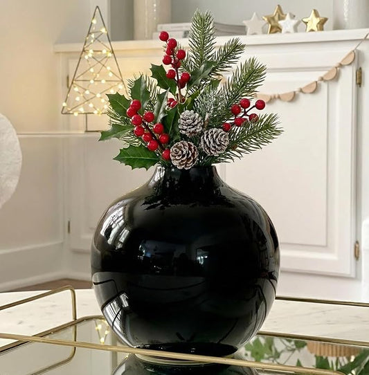 Willowy 7.5 Inch Large Black Ceramic Vase with Glossy Finish - Black Vases for Centerpieces, Vases for Home Decor, Round Gothic Vase for Flowers