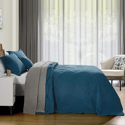 Bedspread - Full Size Bedding Cover - Modern & Contemporary Coverlet Set, Real Stitching, Reversible, Lightweight, 5 Piece, Blue