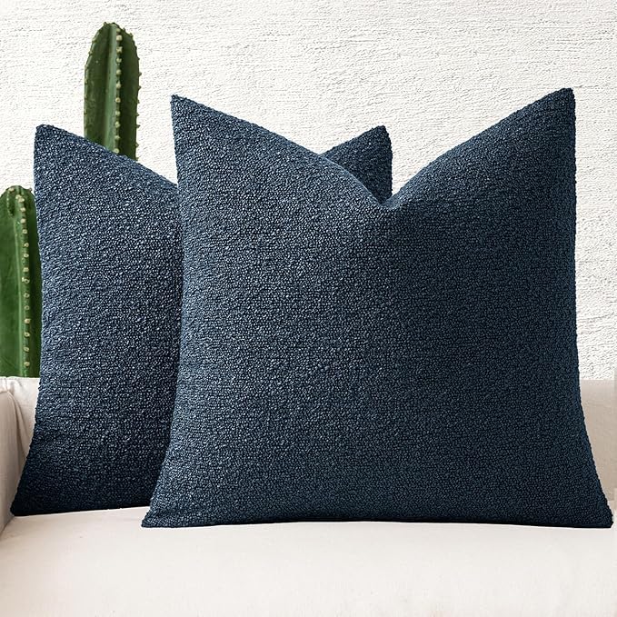 MIULEE 22x22 Inch Decorative Euro Sham Throw Pillows for Bed Set of 2 Textured Boucle Neutral Winter Throw Pillow Covers Navy Blue Accent Solid Euro Couch Pillowcases Sofa Livingroom Home Decor