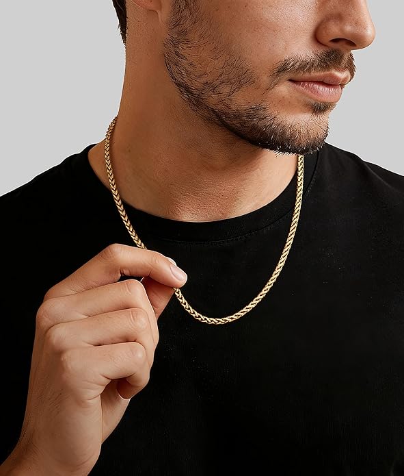 Jewlpire 4mm Wheat Chain Necklace for Men, Silver Tone/Black/14K Gold Plated Stainless Steel Necklace Chain, Mens Chains Necklaces 16 18 20 22 24 26 Inch