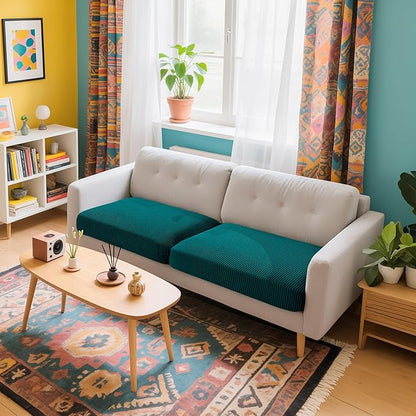 Hokway Stretch Couch Cushion Covers, 2 Piece Individual Sofa Cushion Slipcovers，Jacquard Sofa Seat Slipcover Set, Non-Slip Protector for Cushion (Teal,Small-2PC)