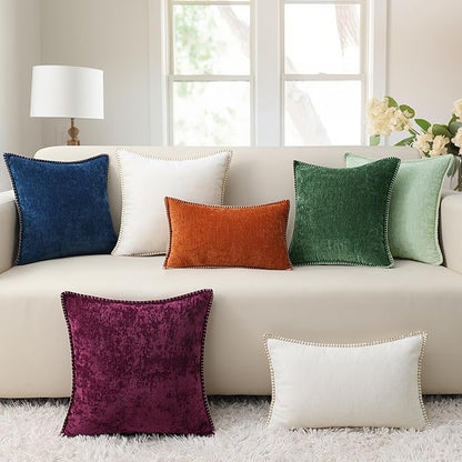 decorUhome Spring Chenille Soft Throw Pillow Covers 22x22 Set of 2, Farmhouse Velvet Neutral Decorative Euro Sham Pillow Covers with Stitched Edge for Couch Sofa Bed Home Decor, White