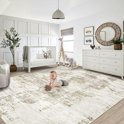 8x10 Area Rugs for Living Room, Washable Modern Abstract Large Area Rug Neutral Soft Non Slip Kids Rug Stain Resistant Indoor Carpet for Bedroom Nursery Dining Room Playroom Office(BeigeBrown, 8'x10')
