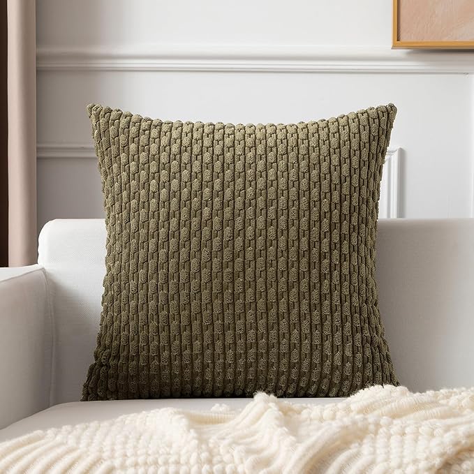 Kevin Textile Pack of 2 Corduroy Decorative Throw Pillow Covers 24x24 Inch Soft Boho Striped Pillow Covers Modern Farmhouse Home Decor for Sofa Living Room Couch Bed Olive Green