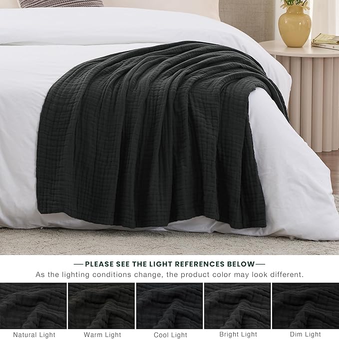 Love's cabin 6 Layer 100% Cotton Muslin Blanket, 60"x80" Twin Muslin Blanket for Couch Bed, Lightweight and Breathable Cotton Gauze for Adult, Black