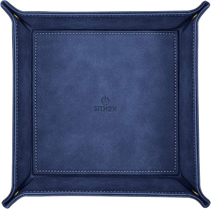 SITHON Valet Tray Desktop Storage Organizer – Premium PU Leather Catchall Bedside Vanity Tray Nightstand Caddy Holder for Remote Controller, Keys, Phone, Wallet, Coin, Jewelry, Dark Blue