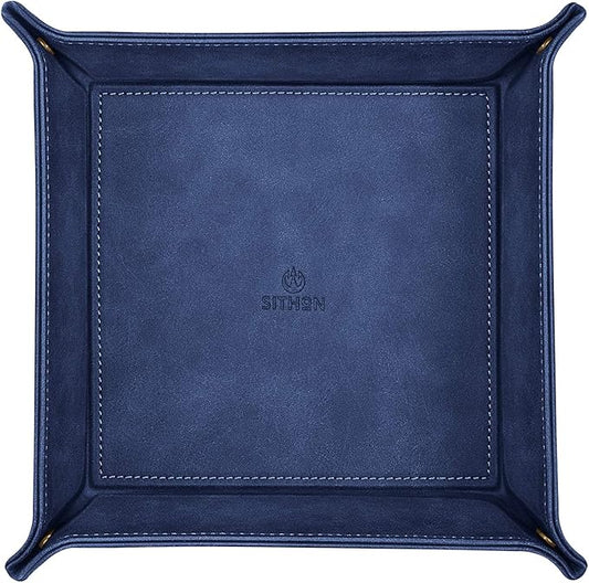 SITHON Valet Tray Desktop Storage Organizer – Premium PU Leather Catchall Bedside Vanity Tray Nightstand Caddy Holder for Remote Controller, Keys, Phone, Wallet, Coin, Jewelry, Dark Blue