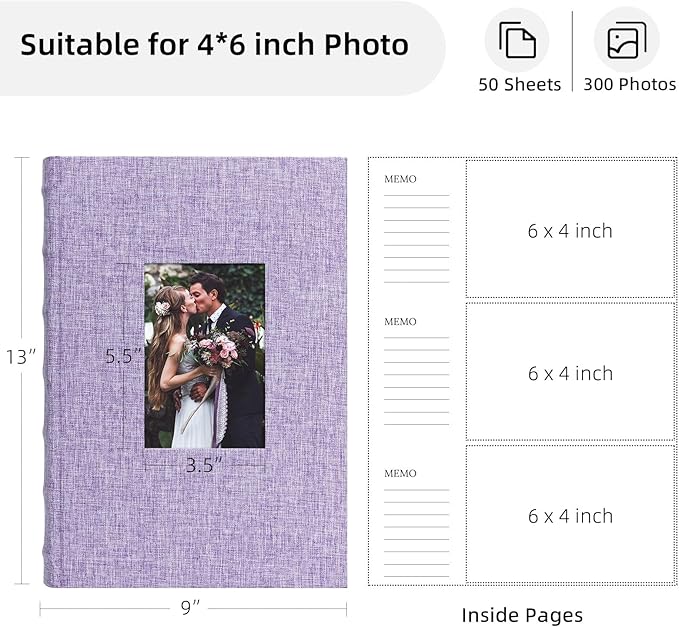 Vienrose Photo Album 4x6 300 Photos Linen Frame Cover with Memo Areas Photobook Large Capacity Slip-in Pictures Book for Wedding Baby Vacation, Purple