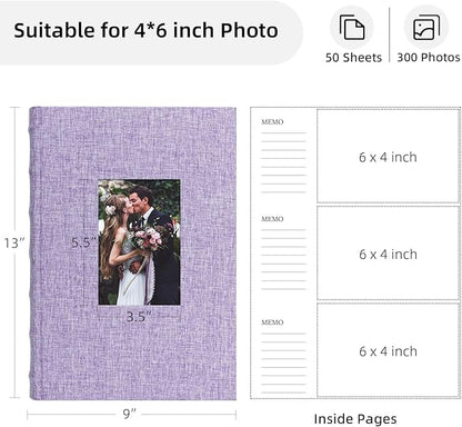 Vienrose Photo Album 4x6 300 Photos Linen Frame Cover with Memo Areas Photobook Large Capacity Slip-in Pictures Book for Wedding Baby Vacation, Purple