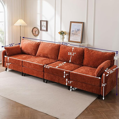 135'' Modular Sectional Sofa with Seats Storage,Oversized 4-Seater Comfy Cloud Couches with Deep Seat,Sectional Couches for Living Room,Apartment,2 Throw Pillow,Chenille,Orange