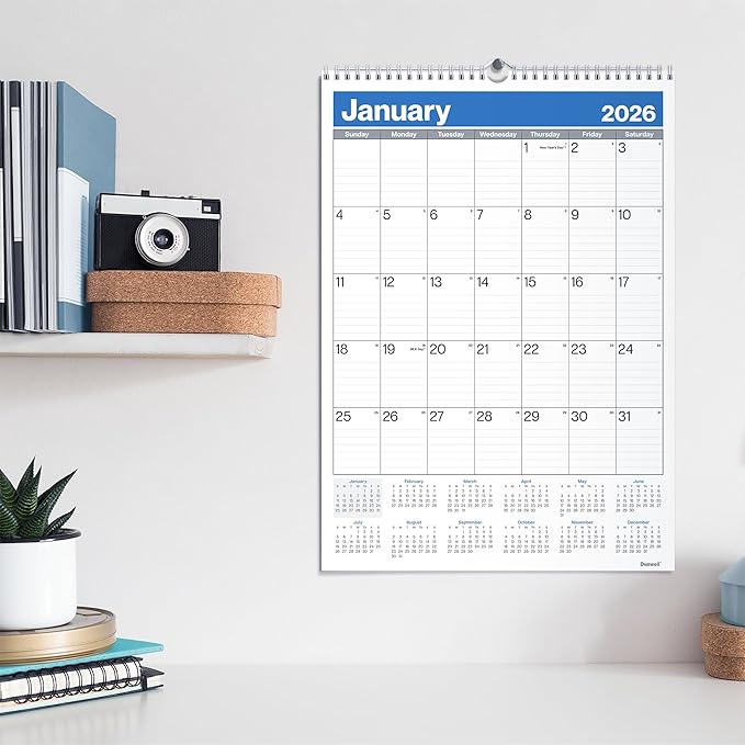 Dunwell 2026 Large Wall Calendar 12x17, Blue, Big Grid 12 x 17 Hanging Monthly Calendar with Large Daily Blocks, Premium Paper, Jan–Dec 2026