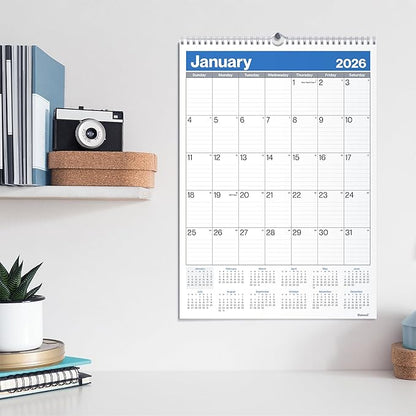 Dunwell 2026 Large Wall Calendar 12x17, Blue, Big Grid 12 x 17 Hanging Monthly Calendar with Large Daily Blocks, Premium Paper, Jan–Dec 2026