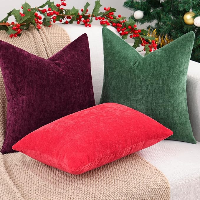 decorUhome Chenille Christmas Green Throw Pillow Covers 20x20 Inch Set of 2, Decorative Soft Couch Pillow Covers Solid Dyed Accent Farmhouse Neutral Square Pillow Cases for Sofa