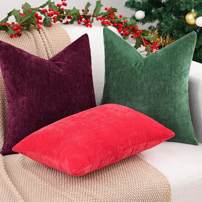 decorUhome Chenille Christmas Green Throw Pillow Covers 20x20 Inch Set of 2, Decorative Soft Couch Pillow Covers Solid Dyed Accent Farmhouse Neutral Square Pillow Cases for Sofa
