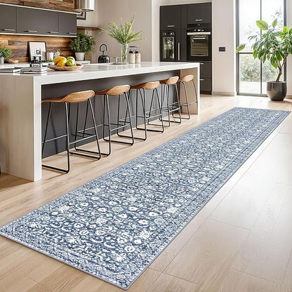 Runner Rug 2.6x14, Light Blue White Washable Long Hallway Rug Runner Non-Slip Soft Kitchen Runner Thin Printed Faux Wool Super Soft Carpet for Entryway Bedroom Laundry Room Indoor Home Decor