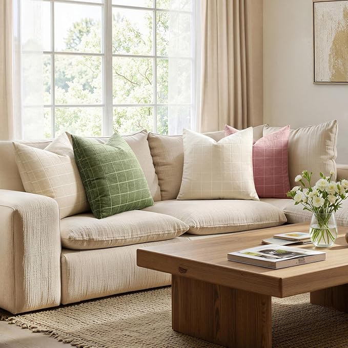 MIULEE Decorative Chenille Check Throw Pillow Covers Vintage Plaid Couch Pillows 18x18 Inch Set of 2 Neutral Boho Farmhouse Cushion Covers Modern Spring Decor for Sofa Bed Living Room Grass Green