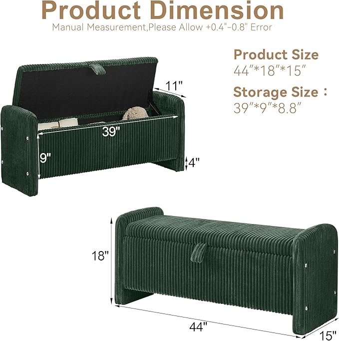 44" Storage Ottoman Bench, Upholstered End of Bed Storage Benches, Rectangle Ottoman with Storage for Bedroom, Entryway, Corduroy Green
