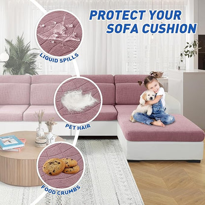 MAXIJIN Waterproof 3 Pieces Couch Cushion Covers for Sectional Sofa Seat Slipcover Stretch Sectional Couch Cover for L Shape Left/Right Chaise with Elastic Bottom (2 Seater + 1 Chaise, Dusty Pink)