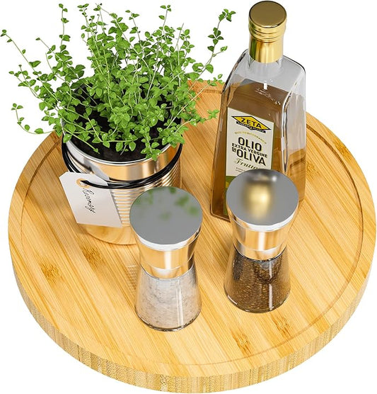 Lazy Susan Organizer, 10 Inch Non-Skid Bamboo Turntable Organizer for Salt Pepper Olive Oil and Spices Next to Stove, Wooden Lazy Susan for Table or Kitchen Countertop Organizer