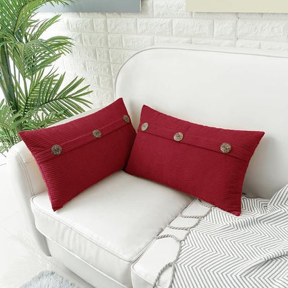 HWY 50 Red Chenille Throw Pillow Covers 12x20 Inch with Triple Buttons, Soft Farmhouse Accent Decorative Cushion Cases for Couch Sofa Bed Living Room Pack of 2 Rectangle