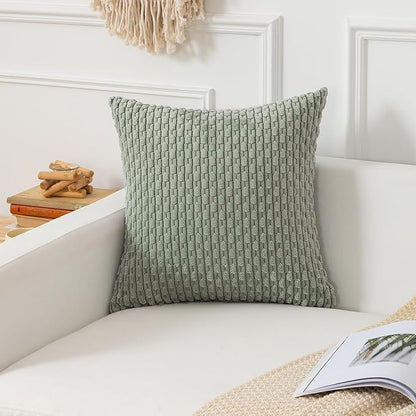Kevin Textile Throw Pillow Covers Soft Corduroy Decorative Set of 2 Boho Striped Pillow Covers Pillowcases Farmhouse Home Decor for Couch Bed Sofa Living Room 16x16 Inch Greyish Green