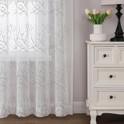 VISIONTEX White Sheer Curtains 108 inch Length 2 Panels Set Decorative Grey Coral Embroidery Rod Pocket Embroidered Semi Sheer Window Drapes for Living Room and Bedroom 54 x 108 Inches