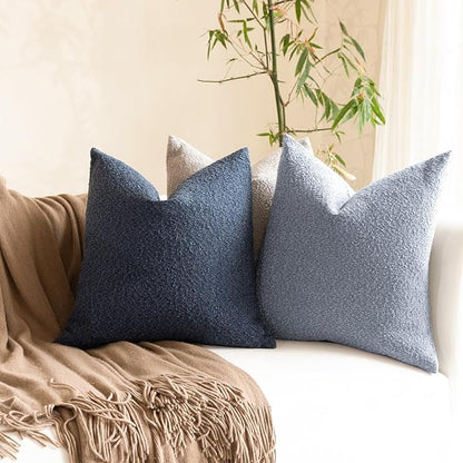 Boucle Decorative Throw Pillow Covers for Couch Set of 2, 20x20 inches, Light Blue