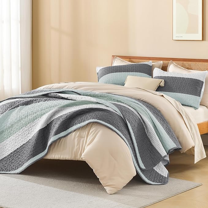 Litanika Oversized King Quilt Set Sage Green, 128x120 Stripe Bedspread Coverlet 3 Pieces, Sage Green Lightweight Quilted Bedding Set for All Season(Super King Plus-1 Quilt, 2 Pillowcases)