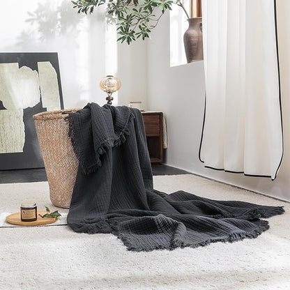 FOSSA Muslin Blanket with Fringe - 4-Layer 100% Cotton Gauze Super Soft & Breathable Throw -Lightweight Decorative Cooling Blanket for Bed, Sofa, Office -Twin XL Size 90" × 66" (Dark Gray)