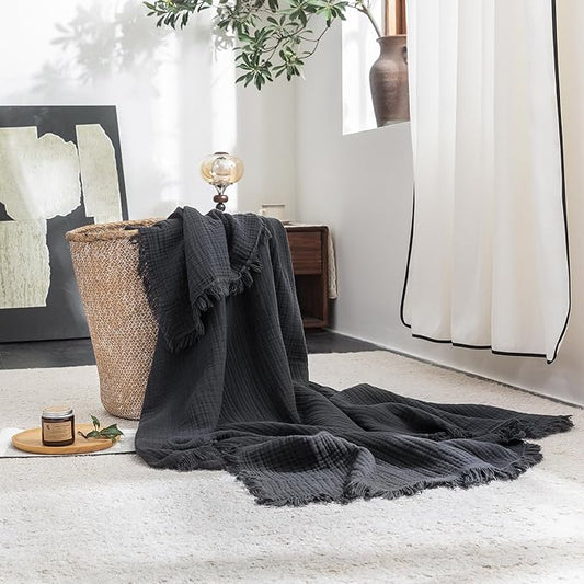 FOSSA Muslin Blanket with Fringe - 4-Layer 100% Cotton Gauze Super Soft & Breathable Throw -Lightweight Decorative Cooling Blanket for Bed, Sofa, Office -Throw XL Size 70" x 50" (Dark Gray)