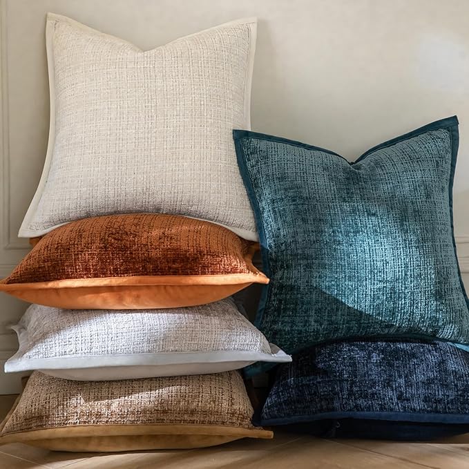 Yaertun Pack of 2 Chenille Textured Decorative Throw Pillow Covers Accent Solid Cushion Cover Soft Cozy Pillow Case with Velvet Back for Couch Sofa Bed Living Room 26x26 Inch Light Brown