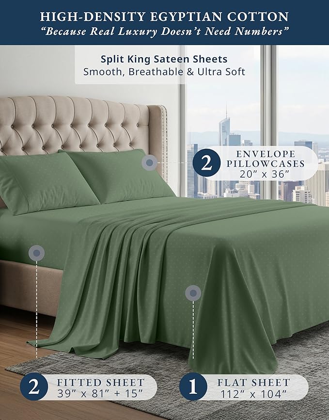 LANE LINEN Split King Sheets for Adjustable Beds - 5PC Sheets Set, 100% Egyptian Cotton, Cool Breathable & Soft, 2 Fitted Fits Upto 16" Deep Pockets - Swiss Dot - Iceberg Green