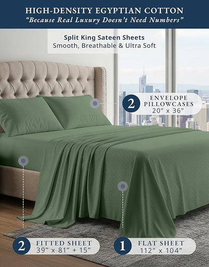LANE LINEN Split King Sheets for Adjustable Beds - 5PC Sheets Set, 100% Egyptian Cotton, Cool Breathable & Soft, 2 Fitted Fits Upto 16" Deep Pockets - Swiss Dot - Iceberg Green