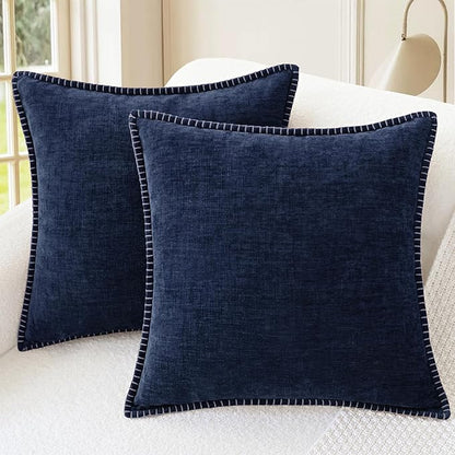 CaliTime Throw Pillow Covers Decorative 16 X 16 Inches Pack of 2 Cotton Thread Stitching Edges Solid Dyed Soft Chenille Cushion Cases for Couch Sofa Bed Living Room Farmhouse Navy Blue