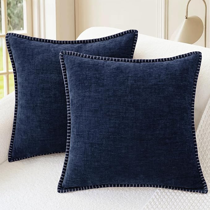 CaliTime Throw Pillow Covers Decorative 20 X 20 Inches Pack of 2 Cotton Thread Stitching Edges Solid Dyed Soft Chenille Cushion Cases for Couch Sofa Bed Living Room Farmhouse Navy Blue
