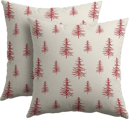 Christmas Tree Pillow Covers 16x16 Set of 2 Red Xmas Vintage Winter Print Decorative Outdoor Linen Zipper Throw Pillows Cases Cushion Cover Rustic Holiday Decoration Farmhouse Sofa Couch Bed Decor