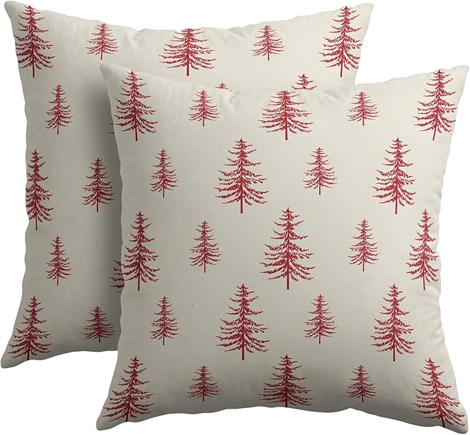 Christmas Tree Pillow Covers 22x22 Set of 2 Red Xmas Vintage Winter Print Decorative Outdoor Linen Zipper Throw Pillows Cases Cushion Cover Rustic Holiday Decoration Farmhouse Sofa Couch Bed Decor