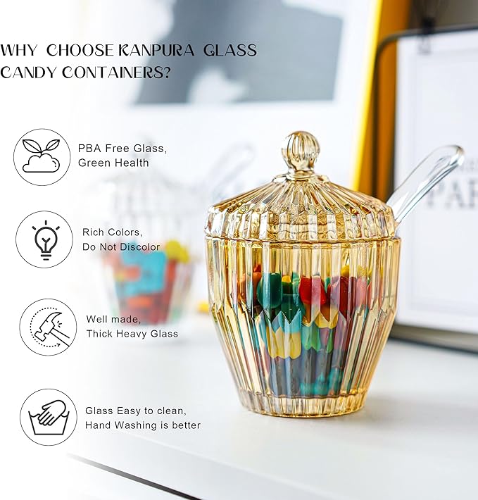 kanpura Champagne Glass Candy Dish with Lid Crystal Candy Jar Jewelry Box Cookie Jar with Spoon for Wedding Christmas Gift