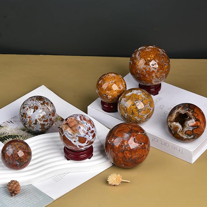 JIC Gem Natural Healing Crystal Sphere Ball Yellow Agate Crystal Decorative Ball with Display Stand Chakra Meditation Fengshui (80-90mm)