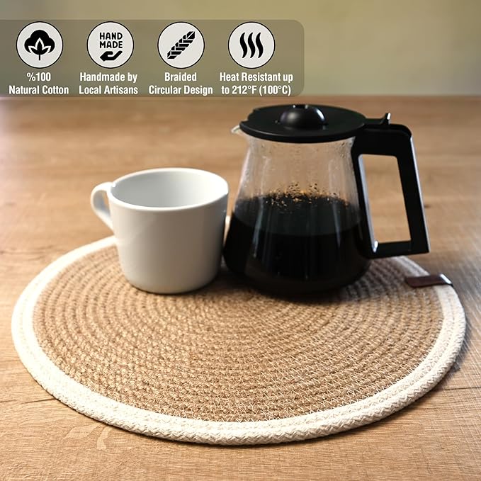 Round Placemats Set of 6, Handmade by Braided Natural Jute with White Cotton Cord Edges, Dia. 12.6 Inch, Heat Resistant, Doublesided, Light Brown