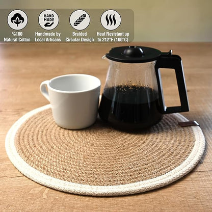 Round Placemats Set of 6, Handmade by Braided Natural Jute with White Cotton Cord Edges, Dia. 12.6 Inch, Heat Resistant, Doublesided, Light Brown