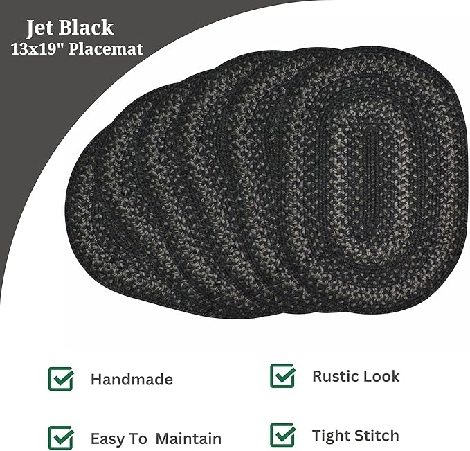 Homespice Jet Black Braided Oval Placemats, Warm Primitive Decor, Set of 6, 13x19 Jute Table Mats - Vibrant Colors, Durable, Easy to Clean and Protects Furniture