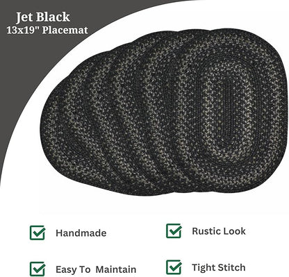 Homespice Jet Black Braided Oval Placemats, Warm Primitive Decor, Set of 6, 13x19 Jute Table Mats - Vibrant Colors, Durable, Easy to Clean and Protects Furniture