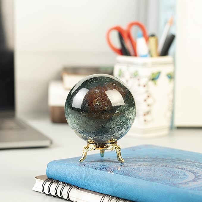 Crocon 50mm Green Blood Stone Sphere Ball with Metal Stand 1400+ Carats Gemstone Ball Healing Sphere Sculpture Figurine for Fengshui Divination Home Decoration Photography Crystal Sphere