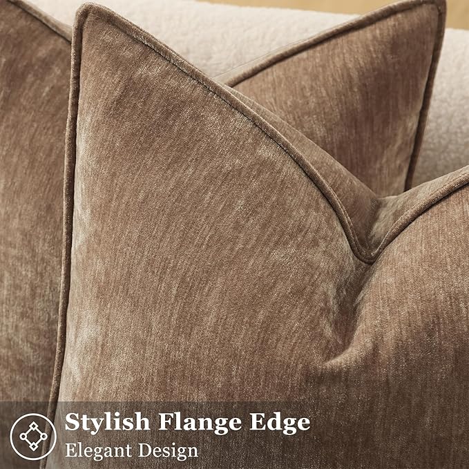 decorUhome Spring Couch Throw Pillow Covers 20x20 Set of 2, Decorative Soft Velvet Neutral Chenille Pillow Covers with Elegant Design for Sofa Bed Living Room Home Decor, Brown
